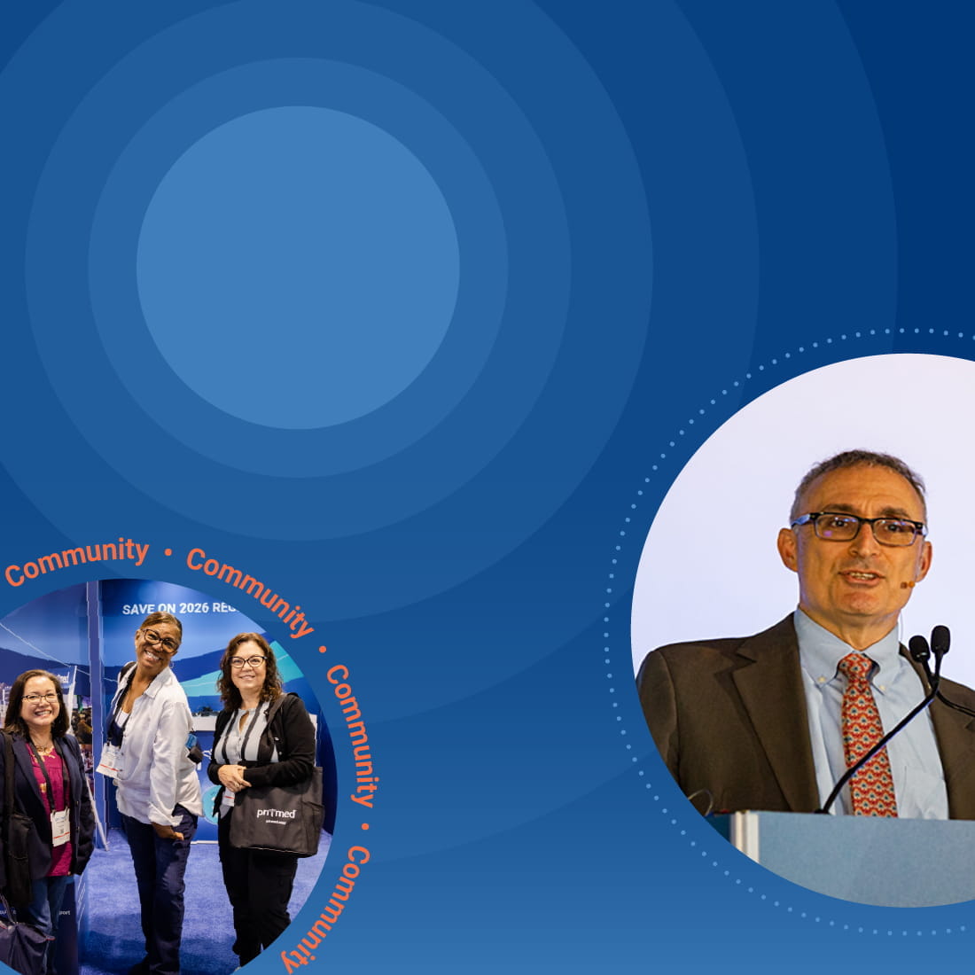 Blue concentric circles with two circular images. One of attendees and one of Dr. Domino.