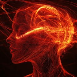 red graphic of a woman's head